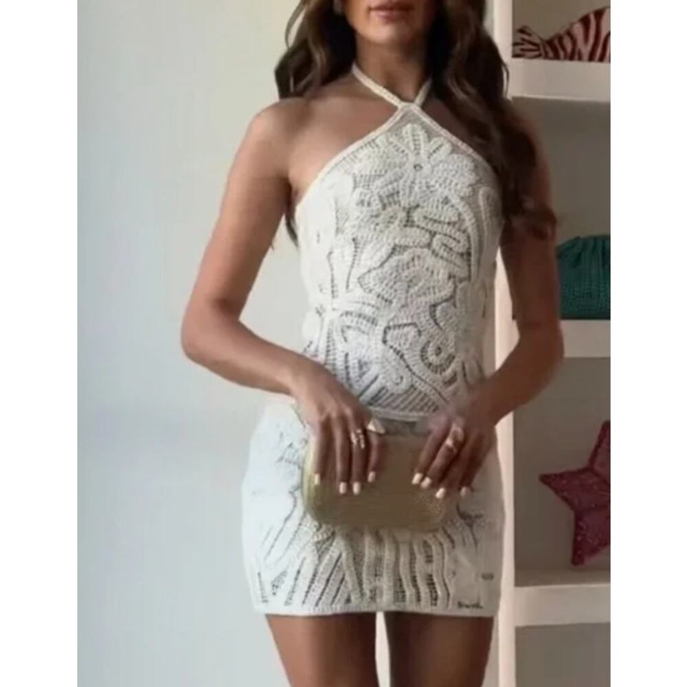 Zara White Crochet Halter Midi Dress